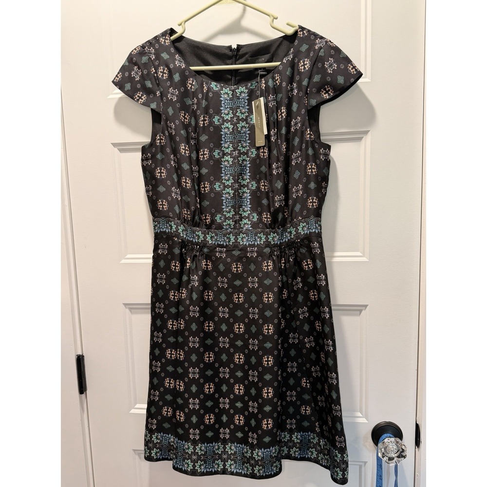 J. Crew Silk Teal Black Boho  Printed Cap Sleeve Dress Size 8 Lined NWT